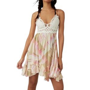 Free People Size Large Adella Plaid Lace Mini Babydoll Aline Slip Sun Dress